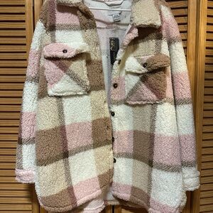 Plaid Sherpa Jacket - Pink, Brown, Cream